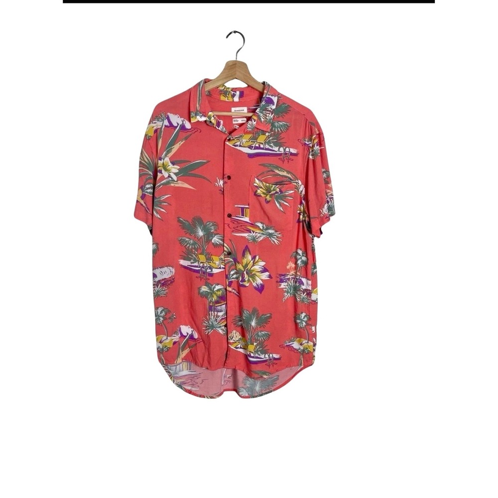 Quiksilver Mens Tropical Island Print Button Down Shirt Coral Red Modern Fit M